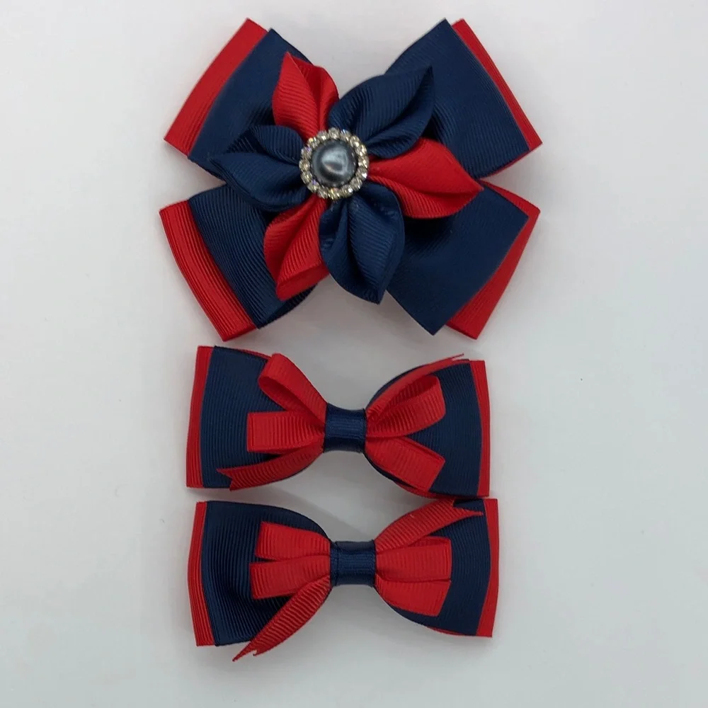 Navy & Red Kids Hair Bows Set - 3 Pack